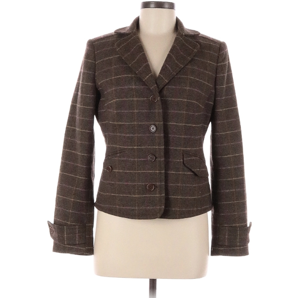 J Crew Blazer Brown Wool Windowpane Plaid J. Crew Jacket Womens Medium